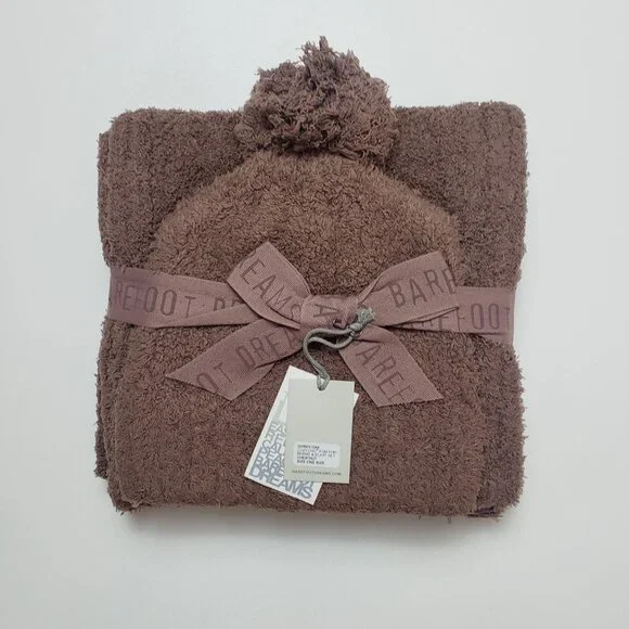 Barefoot Dreams CozyChic Pom Pom Beanie & Scarf Set Chestnut OS Warm Winter Wear
